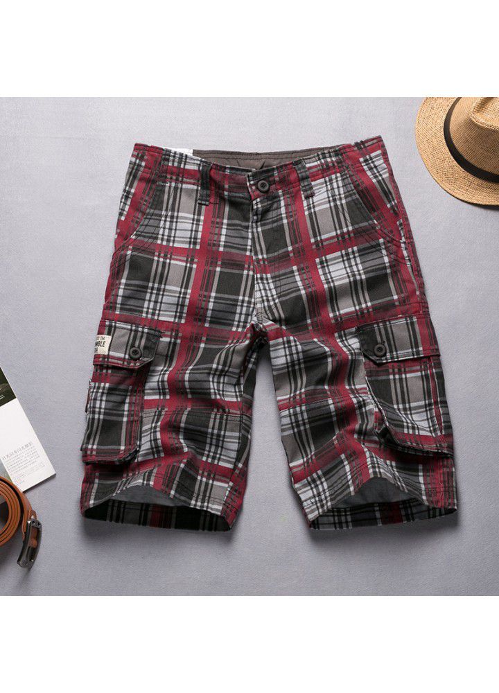 Summer new loose Multi Pocket Plaid beach pants casual Capris work Capris men's pants