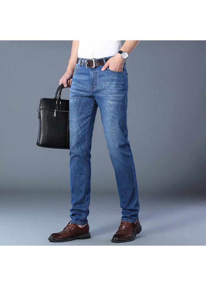 2021 four seasons men's ordinary trousers mid waist Blue Elastic youth cotton daily wash men's jeans
