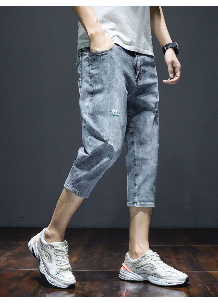 7-point denim shorts men's summer thin loose Harun Korean fashion casual hole fashion brand 7-point pants