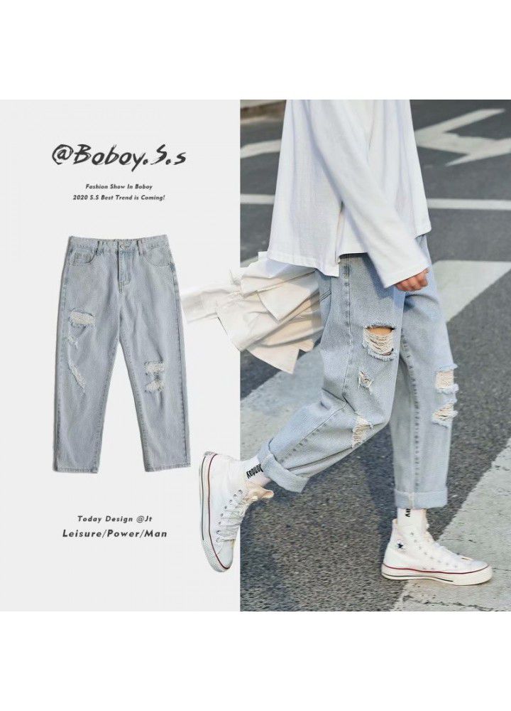 Summer thin jeans with holes men's wide legs loose trend light beggars nine point CEC straight pants