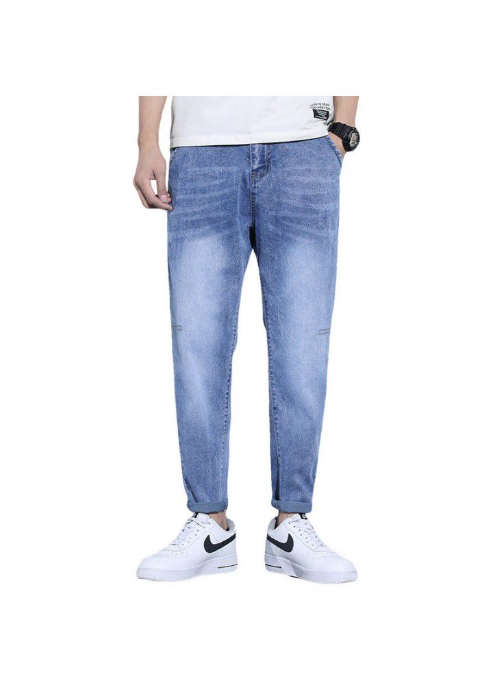 Spring and summer new men's jeans loose small straight tube Japanese elastic washed foreign trade men's pants 2021