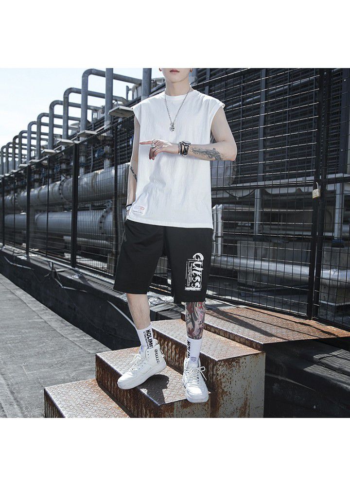 2021 summer cotton casual suit men's national fashion thin round neck sleeveless vest T-shirt youth ball suit