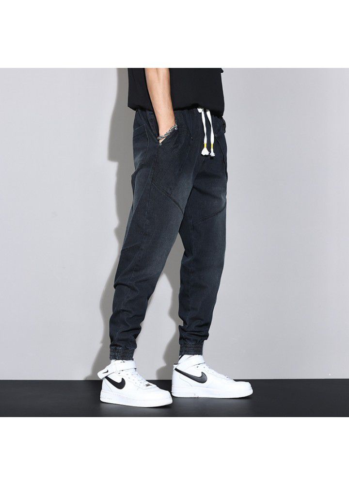 2021 autumn new men's large Korean casual loose jeans quarter pants men's fashion fat long pants