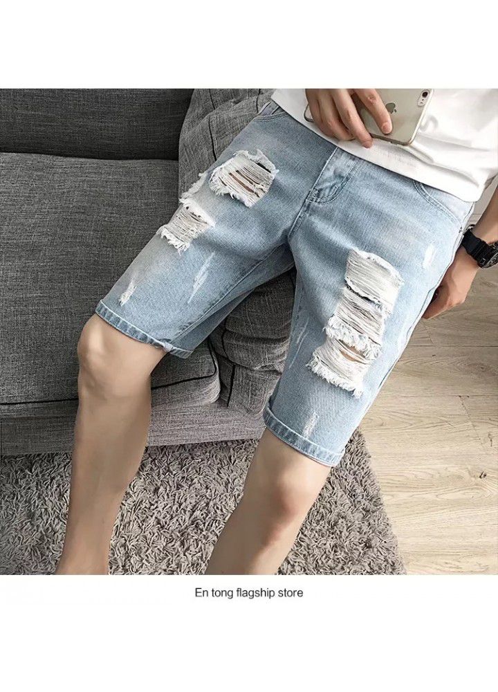 Men's denim shorts, 5-point pants, hole trend, personality, Korean slim pants, summer thin 5-point jeans