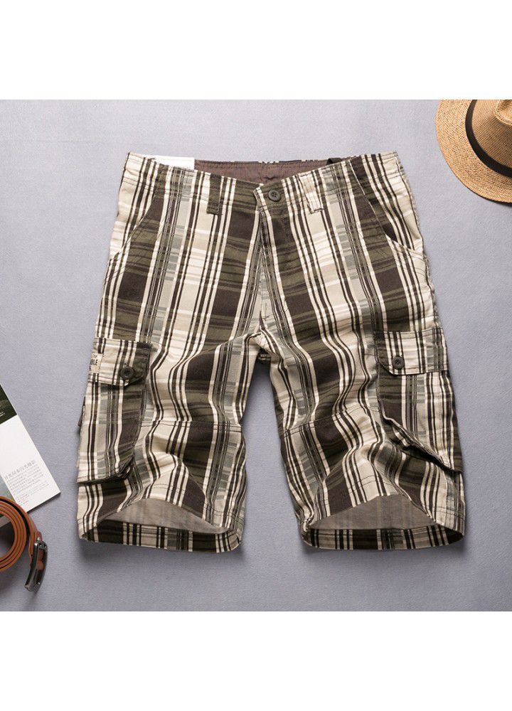 Summer new loose Multi Pocket Plaid beach pants casual Capris work Capris men's pants