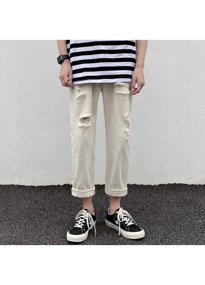 Net red nine point jeans men's ruffian handsome hole men's pants loose wide leg Korean fashion beggars straight pants