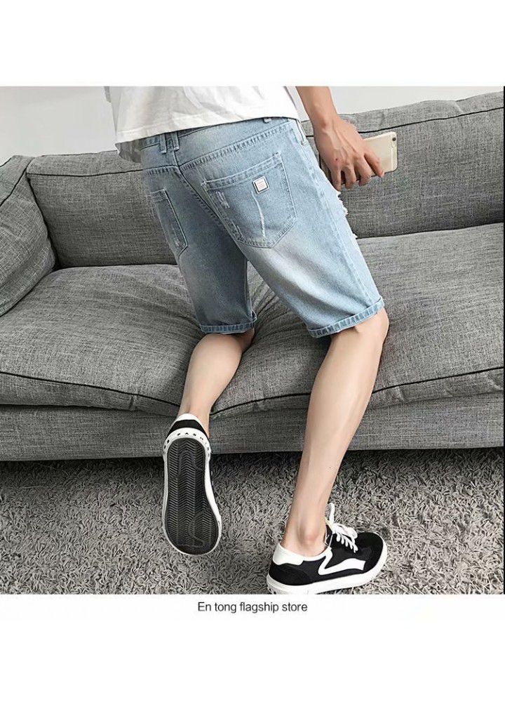 Men's denim shorts, 5-point pants, hole trend, personality, Korean slim pants, summer thin 5-point jeans