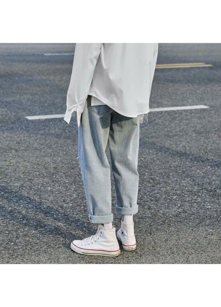 Summer thin jeans with holes men's wide legs loose trend light beggars nine point CEC straight pants