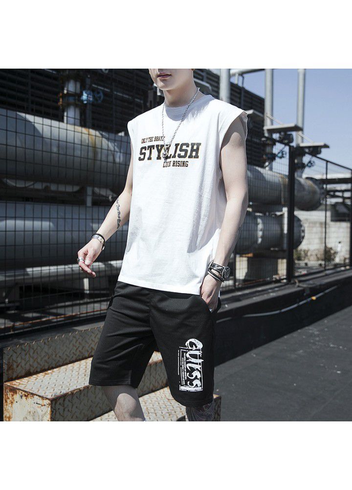 2021 summer cotton casual suit men's national fashion thin round neck sleeveless vest T-shirt youth ball suit
