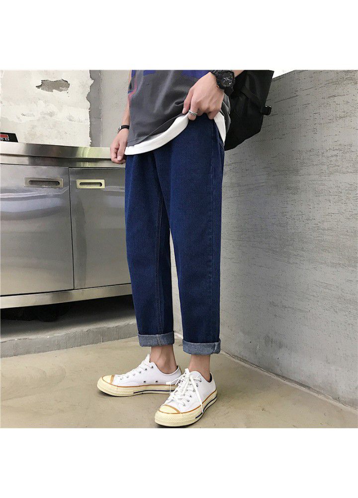 Hong Kong Style 9-point denim pants men's loose drop feeling straight tube wide leg Korean fashion summer thin daddy pants
