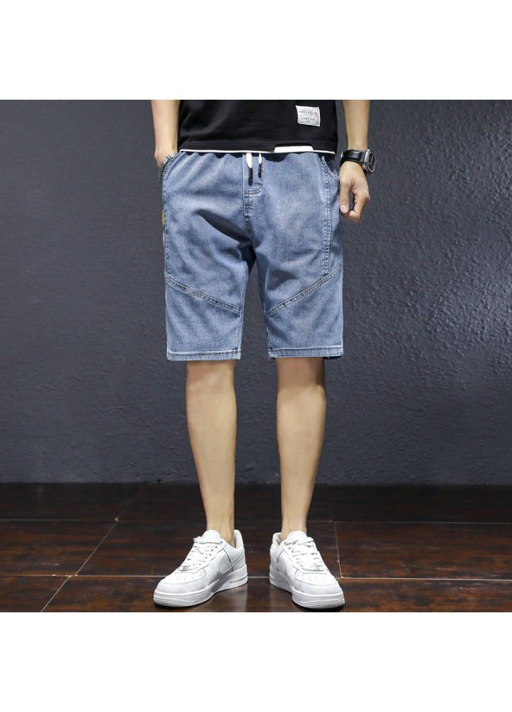 Stretch denim shorts men's trend 2021 fashion loose Capris middle pants men's waist drawstring trend horse pants