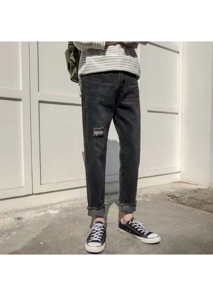 Men's hole straight Capris summer thin Korean fashion casual pants slim jeans