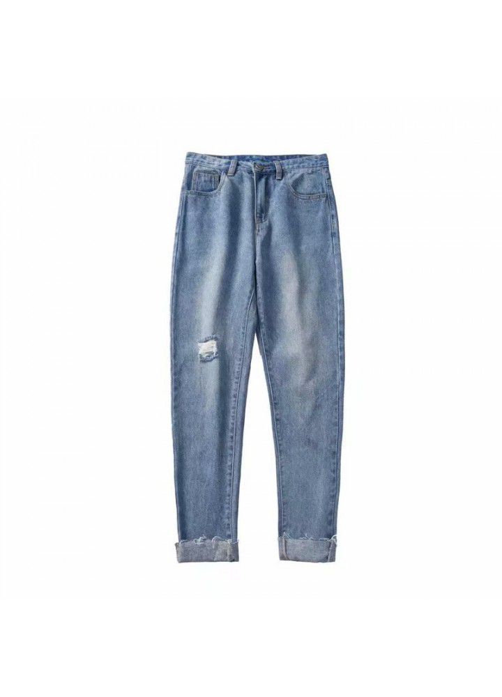 Men's hole straight Capris summer thin Korean fashion casual pants slim jeans