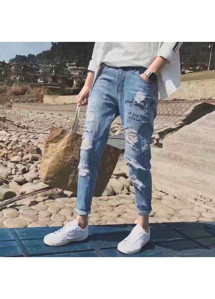 Net red pants men's Korean fashion holed jeans fashion brand loose summer small leg pants