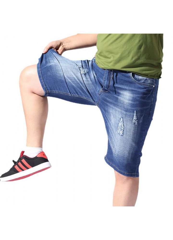 2021 new denim shorts men's wholesale summer thin large stretch denim perforated straight men's Capris