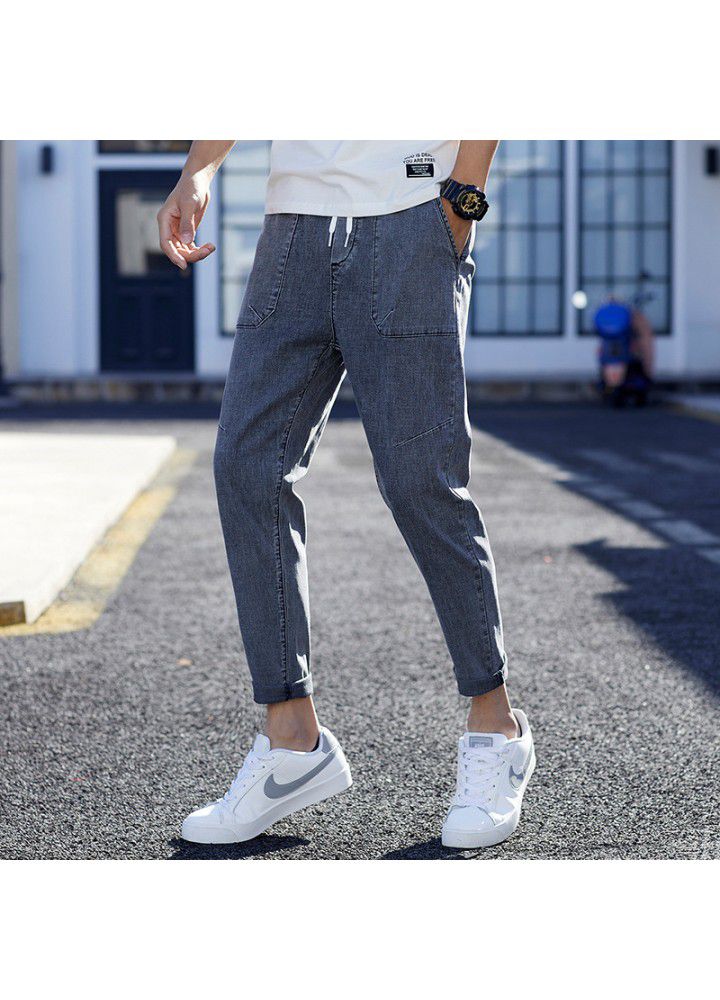 Men's jeans autumn 2021 Hong Kong Style Men's fashion Youth Foreign Trade bullet less men's small leg quarter pants