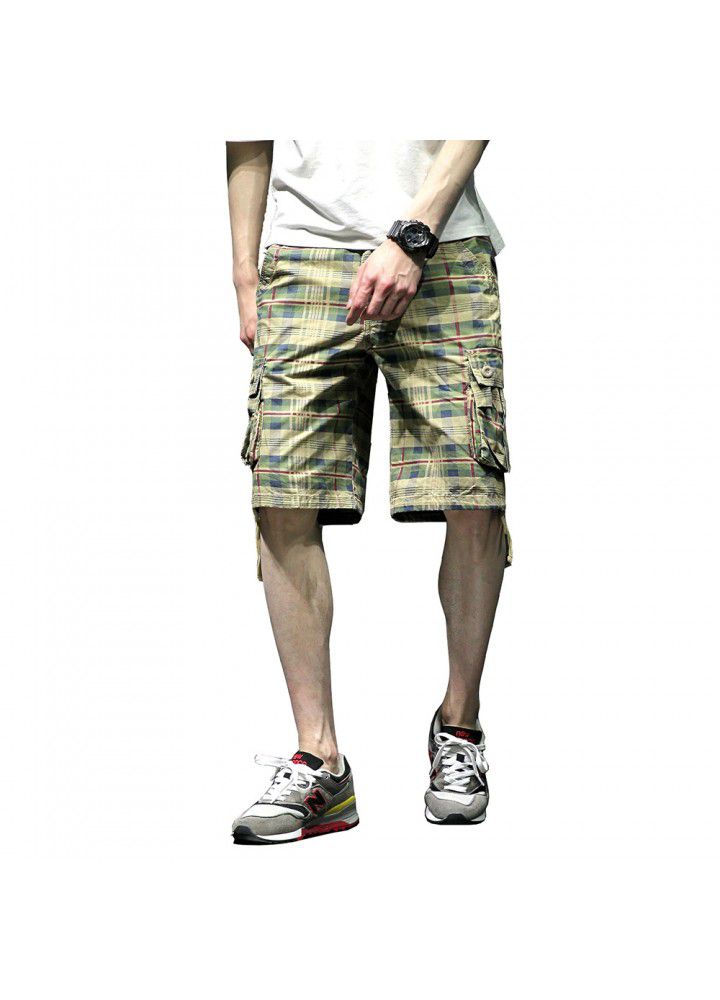 Cross border hot selling Multi Pocket lattice 5-point pants tooling 5-point Pants Large Men's pants agent