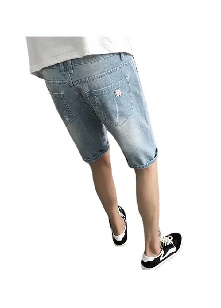 Men's denim shorts, 5-point pants, hole trend, personality, Korean slim pants, summer thin 5-point jeans