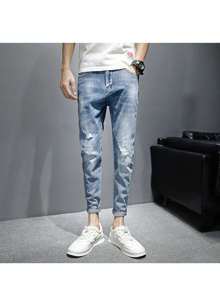 Jeans men's summer slim fit small feet Korean fashion men's casual hole fashion brand 2021 nine cent pants