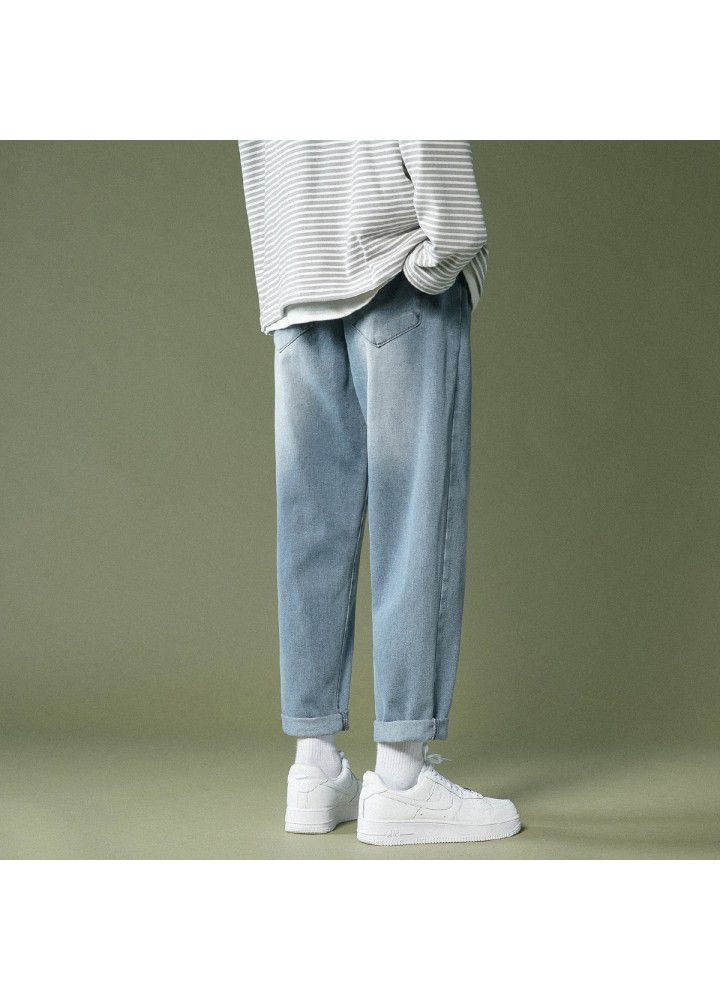 Men's jeans 2021 spring and summer thin wide leg pants Korean youth fashion loose casual quarter pants