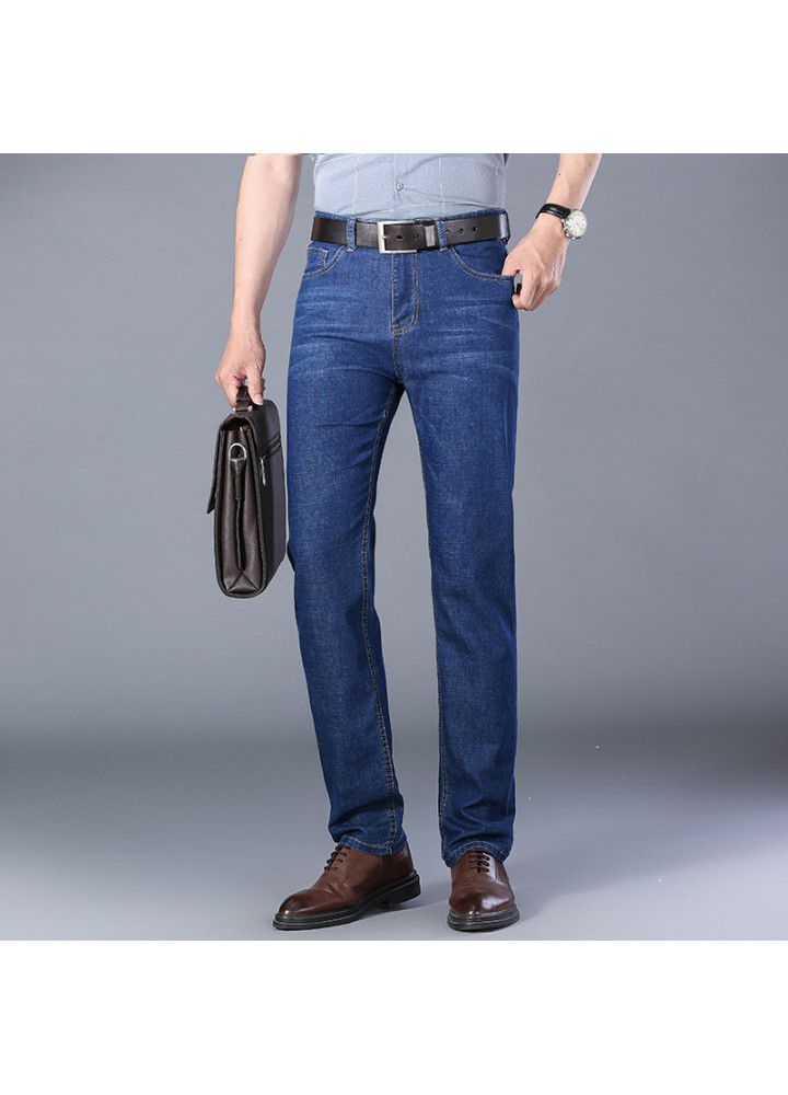 Wholesale autumn spot elastic mid waist thin blue denim youth cotton work pants men's jeans 2021