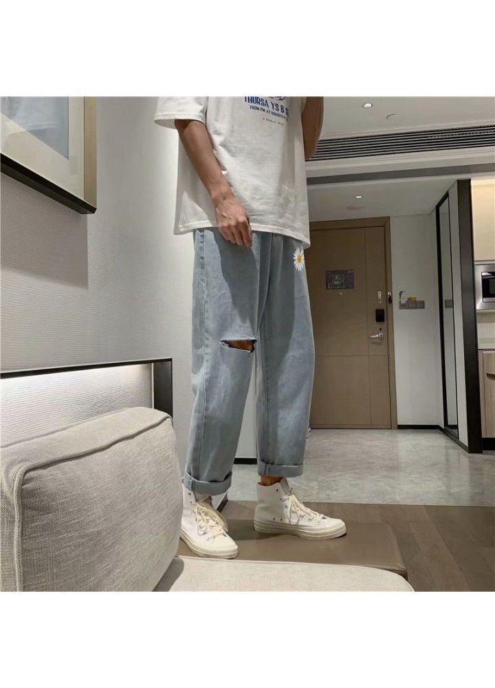 Hole jeans men's Korean fashion loose and handsome wide leg summer fashion brand summer thin straight pants