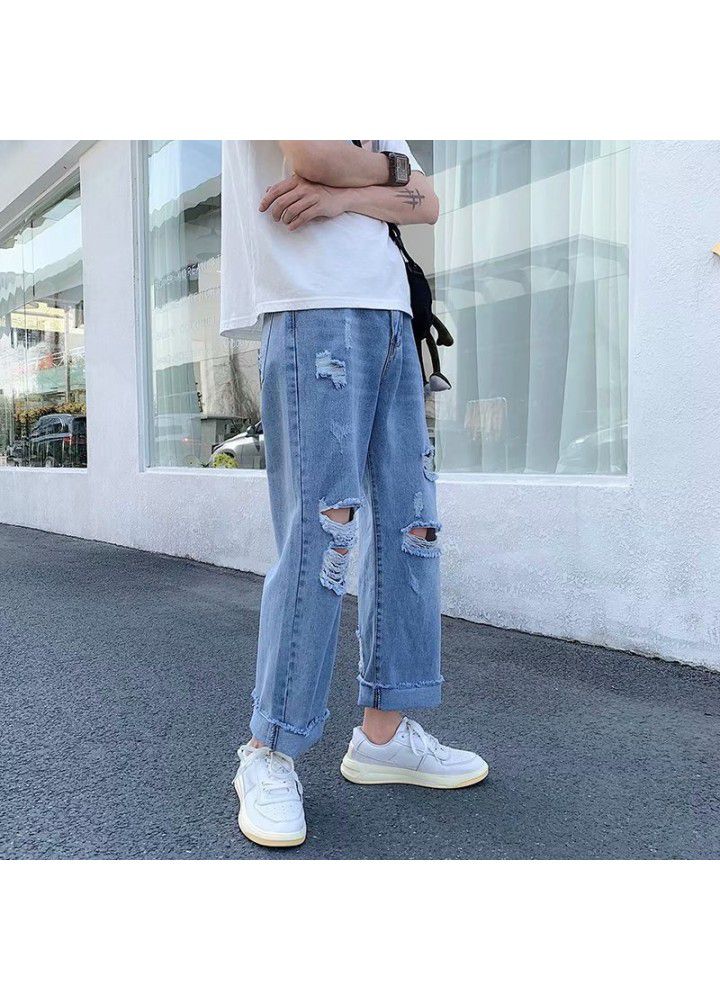 Ins student Harajuku style retro beggar hole hip hop jeans men's Hong Kong Style loose nine point straight pants