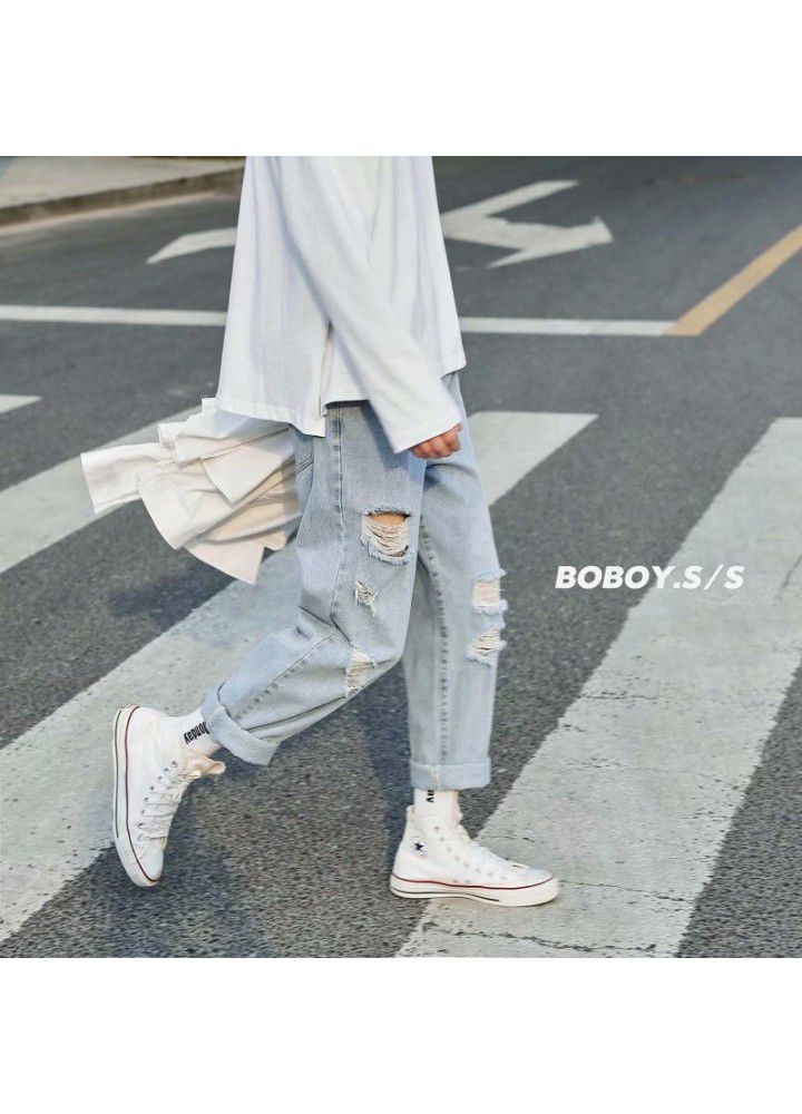 Summer thin jeans with holes men's wide legs loose trend light beggars nine point CEC straight pants