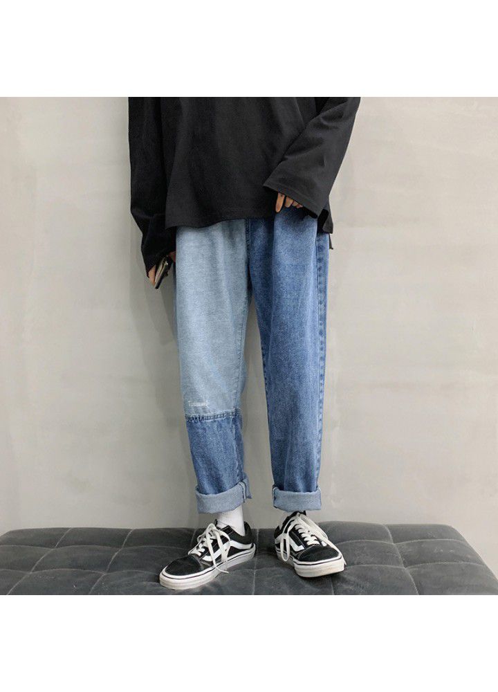 Hong Kong style color matching jeans men's fashion brand loose straight pants summer wide leg men's pants