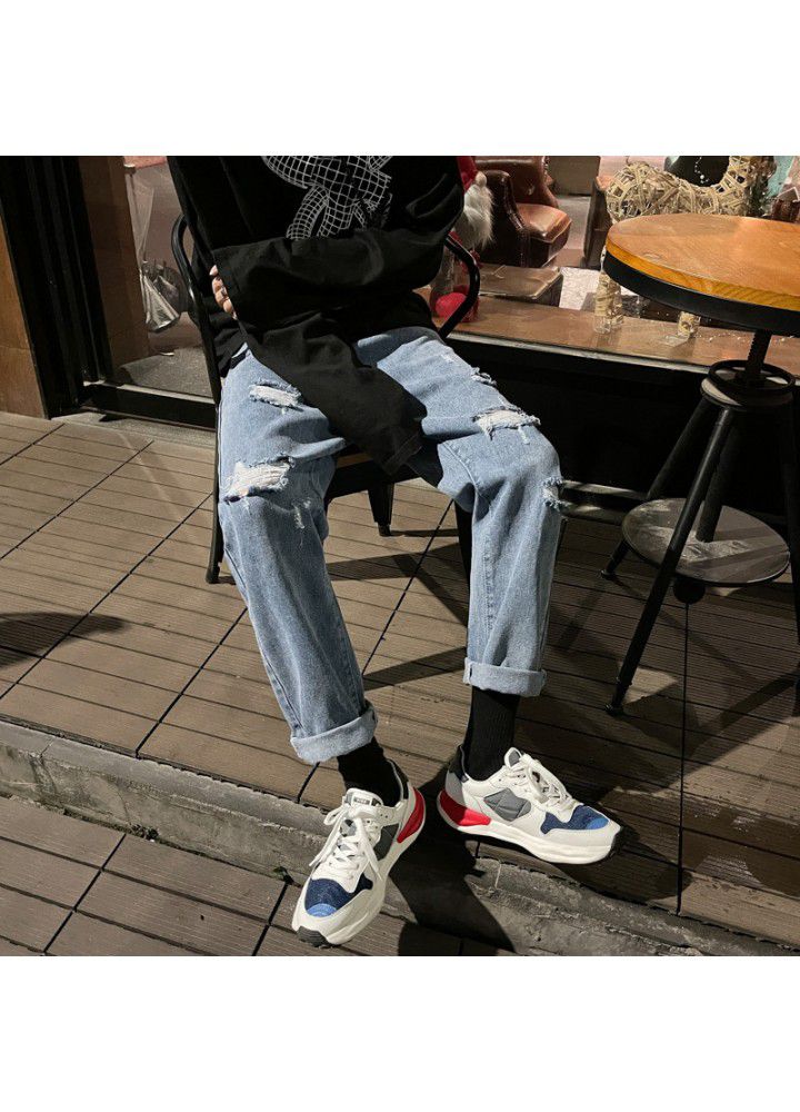 Spring and autumn loose Korean youth casual Capris straight cut trend jeans men's one hair substitute