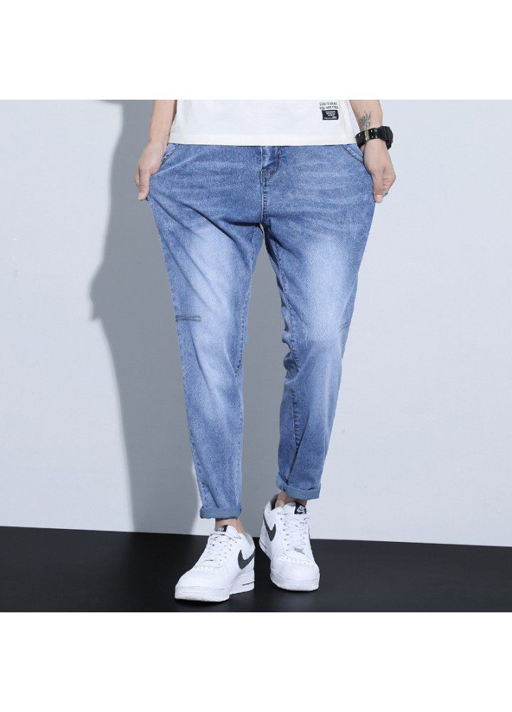 Spring and summer new men's jeans loose small straight tube Japanese elastic washed foreign trade men's pants 2021