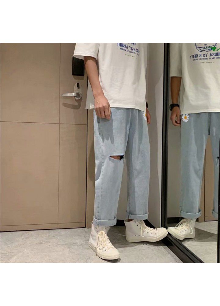 Hole jeans men's Korean fashion loose and handsome wide leg summer fashion brand summer thin straight pants