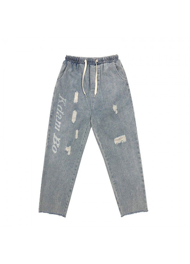 Autumn and winter new letter hole jeans Korean fashion brand casual Capris and trendy straight pants