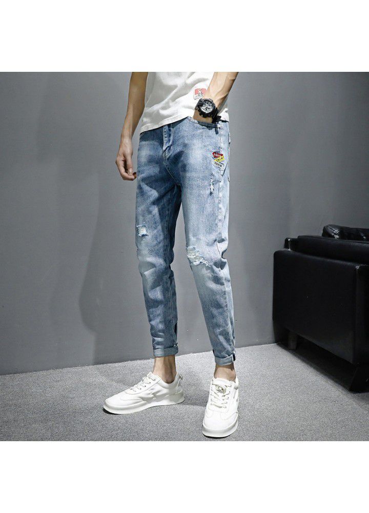 Jeans men's summer slim fit small feet Korean fashion men's casual hole fashion brand 2021 nine cent pants