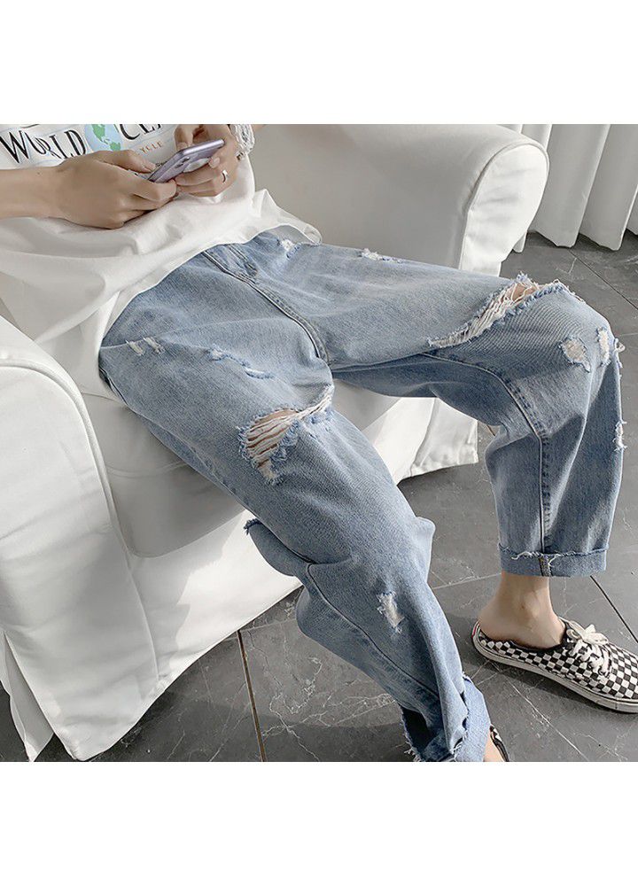 Net red perforated jeans men's Korean fashion loose straight jiufenchao pants summer thin