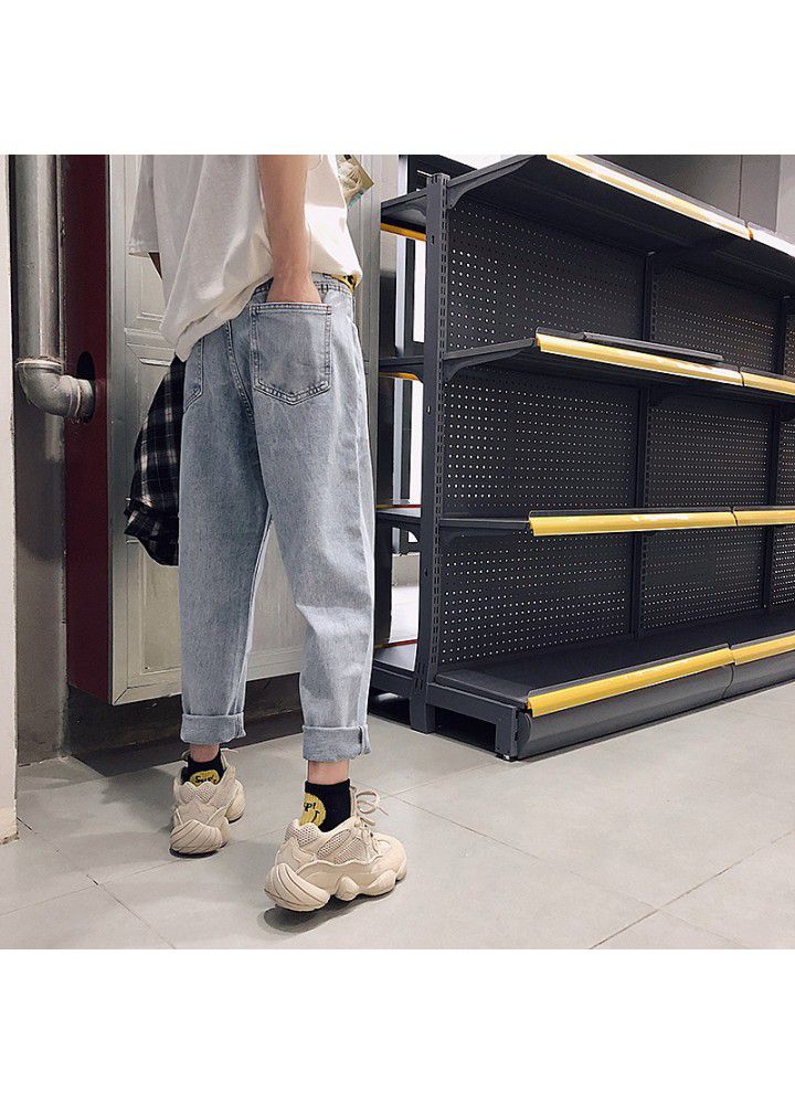 Spring and summer new nine point straight jeans, Korean fashion pants, men's loose casual wide leg pants