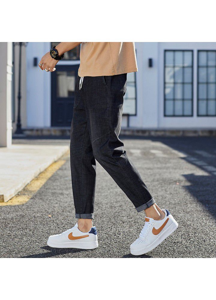 Men's jeans autumn 2021 Hong Kong Style Men's fashion Youth Foreign Trade bullet less men's small leg quarter pants
