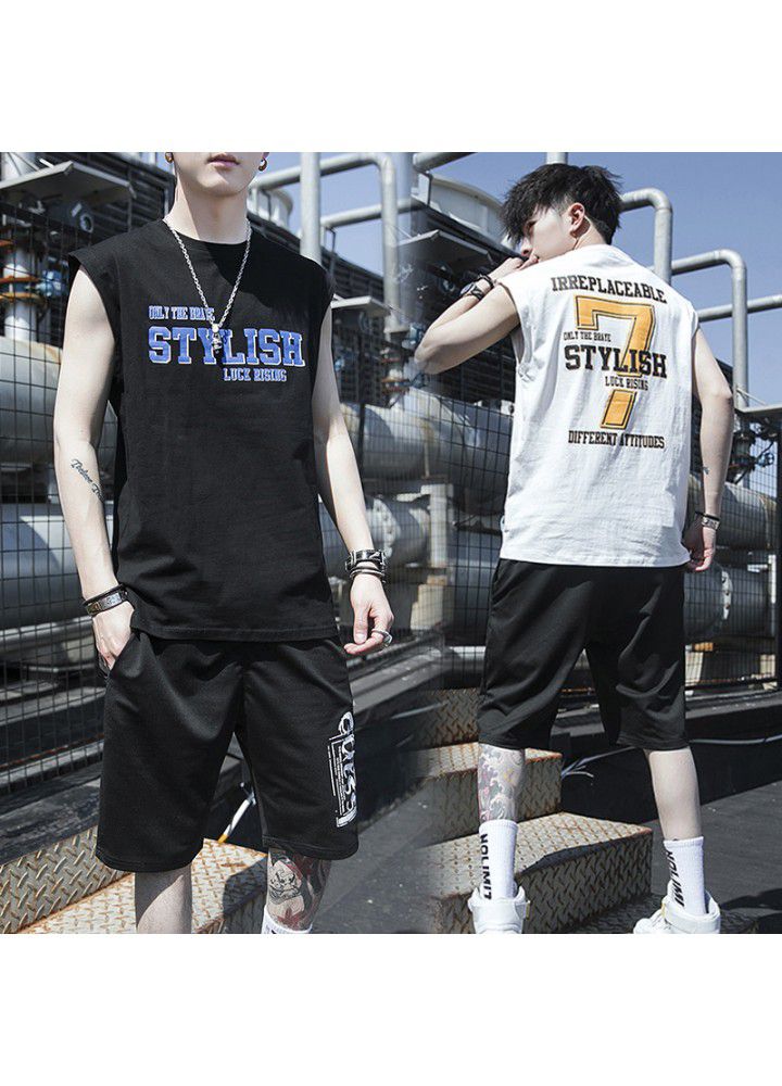 2021 summer cotton casual suit men's national fashion thin round neck sleeveless vest T-shirt youth ball suit