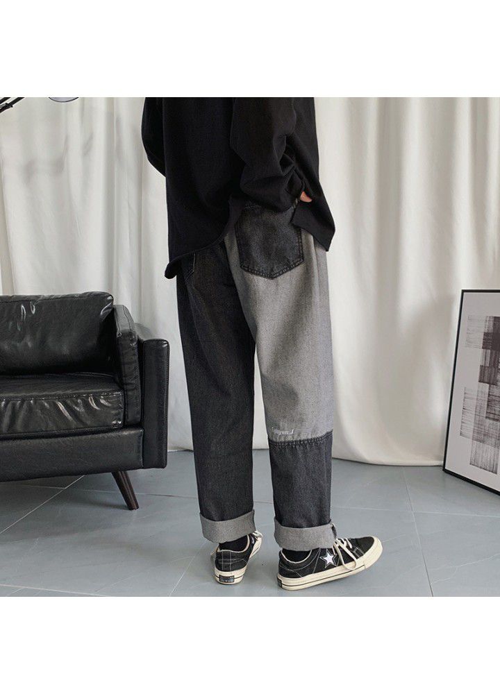 Hong Kong style color matching jeans men's fashion brand loose straight pants summer wide leg men's pants