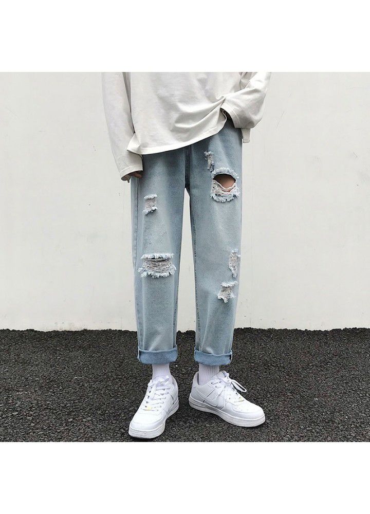 Net red nine point jeans men's ruffian handsome hole men's pants loose wide leg Korean fashion beggars straight pants