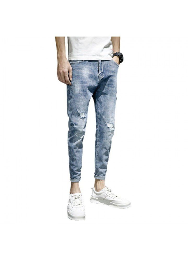 Jeans men's summer slim fit small feet Korean fashion men's casual hole fashion brand 2021 nine cent pants