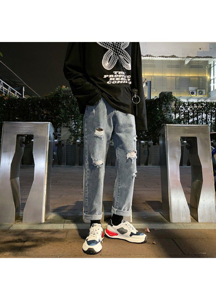 Spring and autumn loose Korean youth casual Capris straight cut trend jeans men's one hair substitute