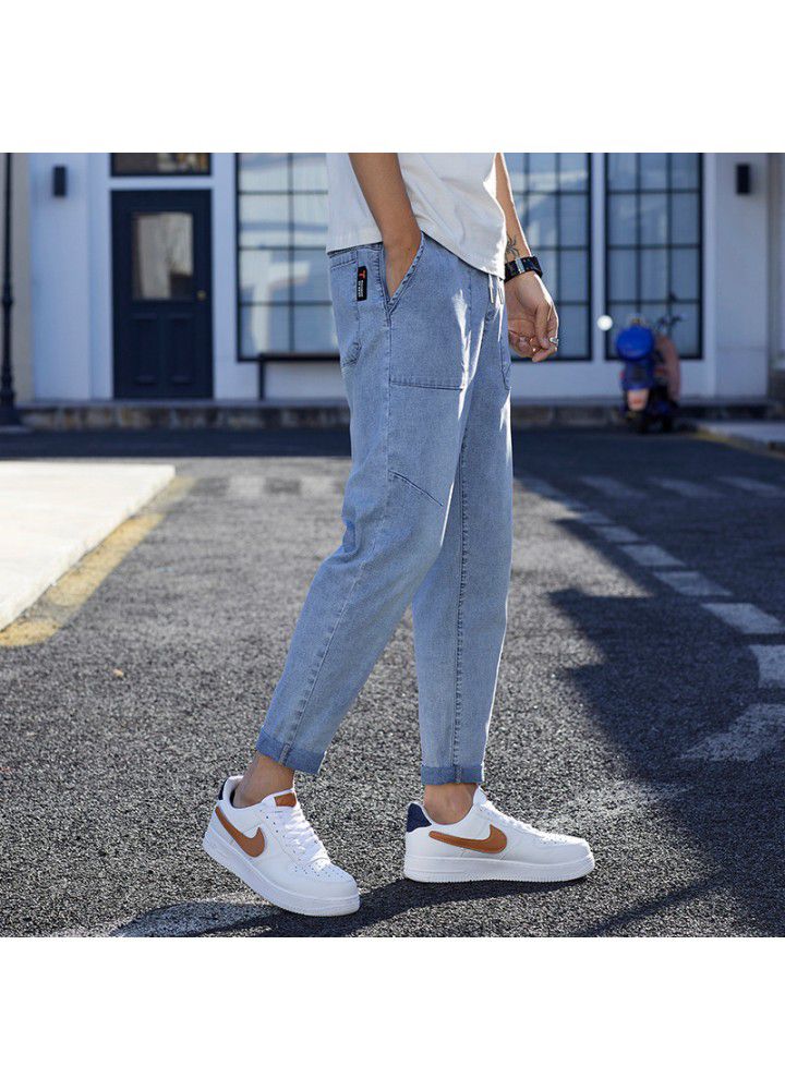 Men's jeans autumn 2021 Hong Kong Style Men's fashion Youth Foreign Trade bullet less men's small leg quarter pants