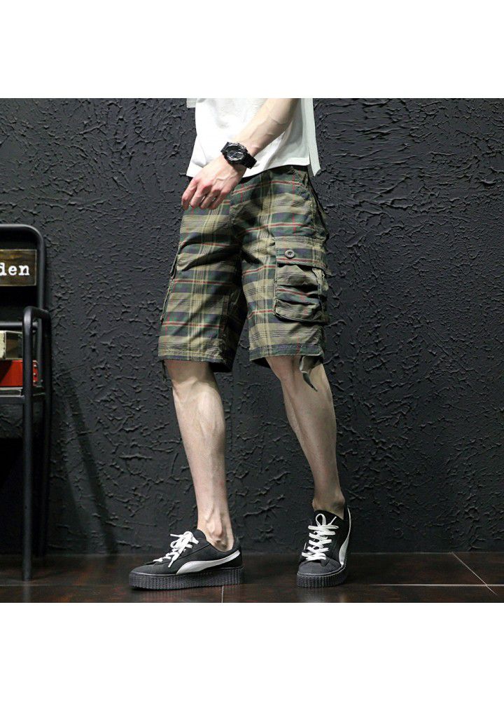 Cross border e-commerce hot selling summer new casual pants Plaid Multi Pocket overalls middle Pants Capris men's trendy pants