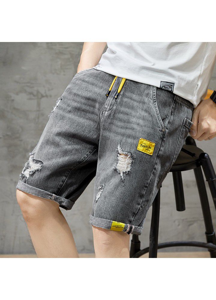 Summer denim shorts men's wear 5-point trend, holes, elastic waist, fashion brand, loose men's 5-point middle pants