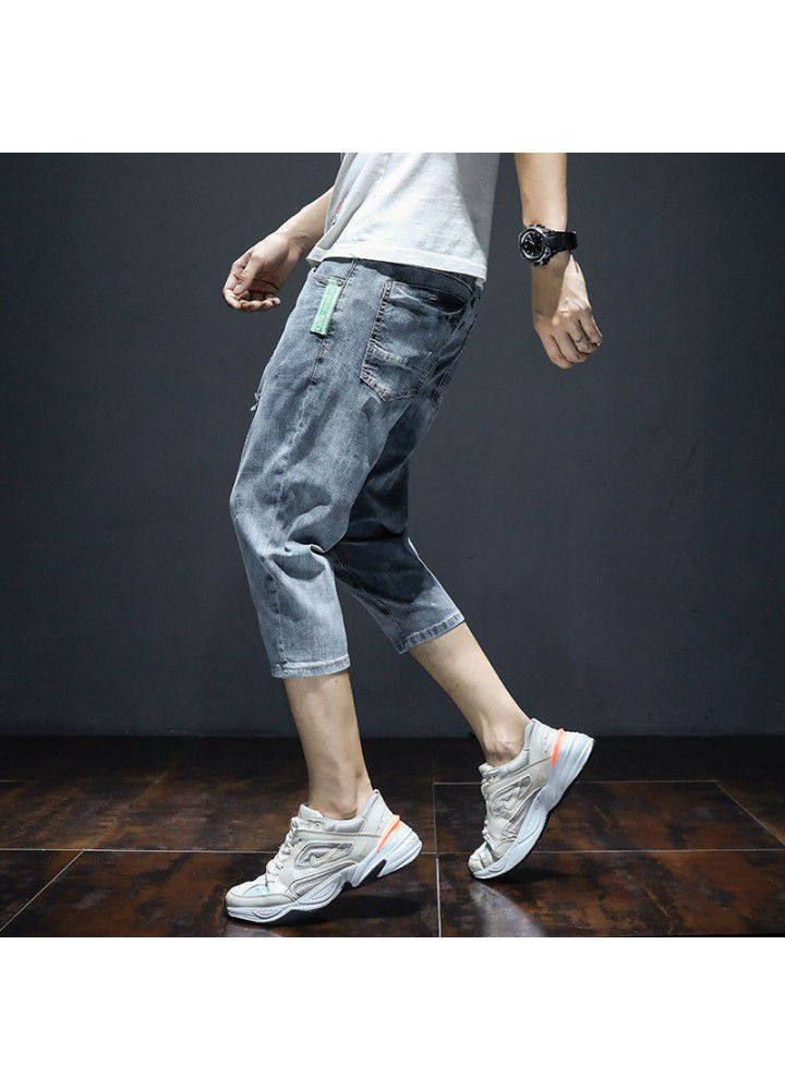 7-point denim shorts men's summer thin loose Harun Korean fashion casual hole fashion brand 7-point pants