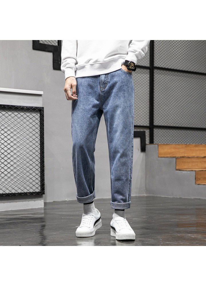 Men's jeans 2021 four seasons Korean mid waist casual spot youth ordinary cotton springless wide leg pants pants