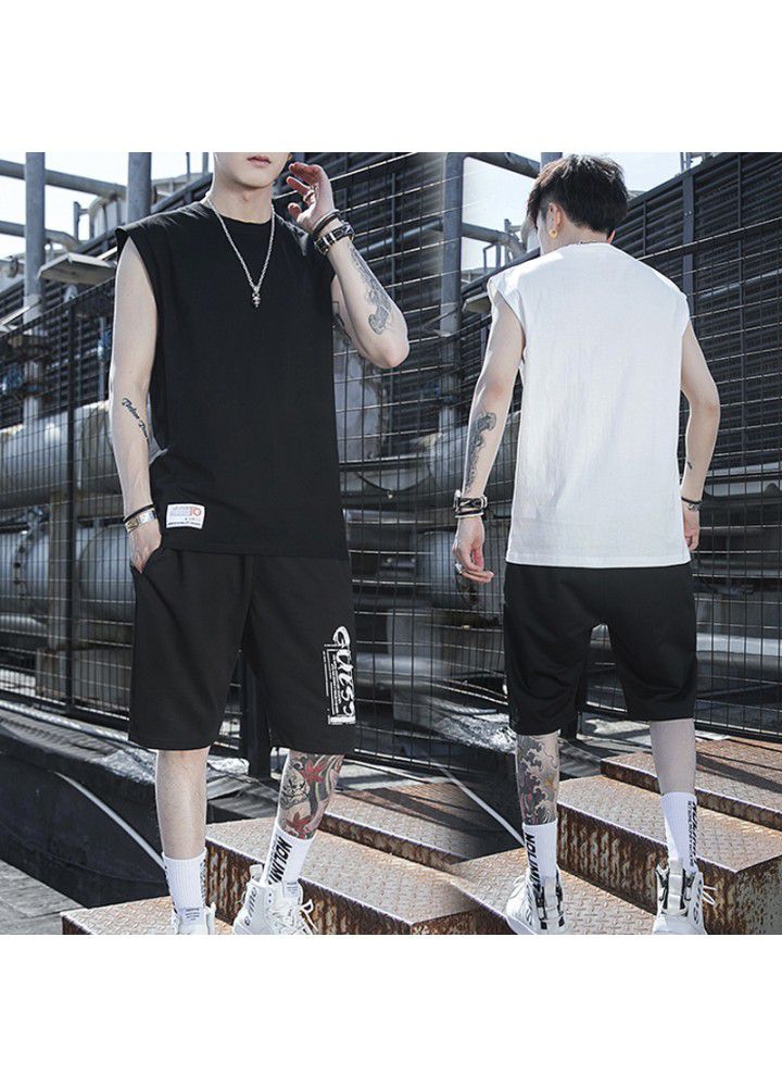 2021 summer cotton casual suit men's national fashion thin round neck sleeveless vest T-shirt youth ball suit