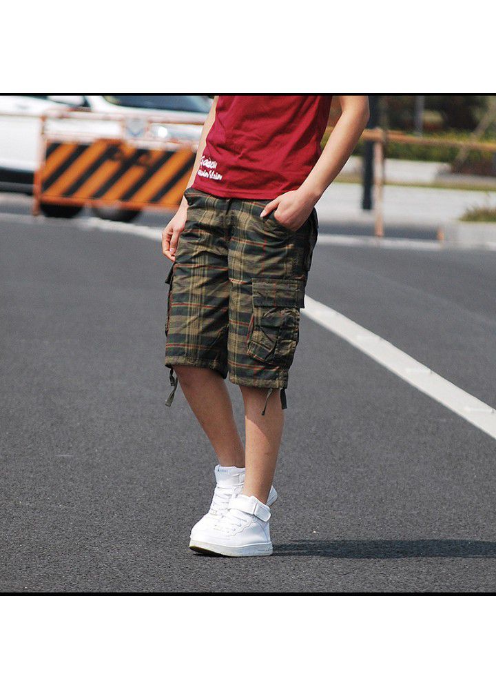 Amazon Europe and the United States hot selling loose Multi Pocket overalls check Capris European size medium Pants Large Men's pants