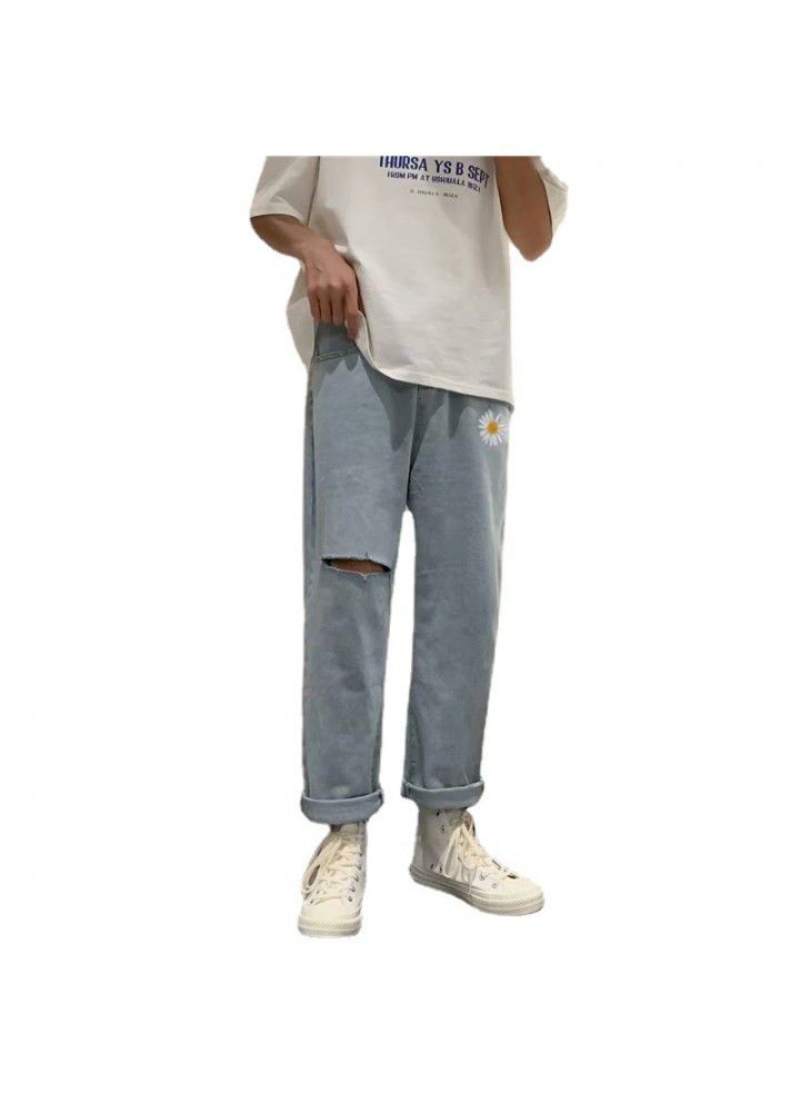 Hole jeans men's Korean fashion loose and handsome wide leg summer fashion brand summer thin straight pants